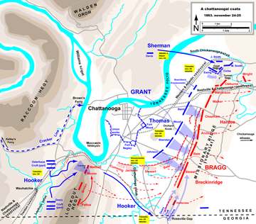 Map of part of the Chattanooga Campaign (the Battles for Chattanooga, Nov. 24-25, 1863) of the American Civil War. Drawn