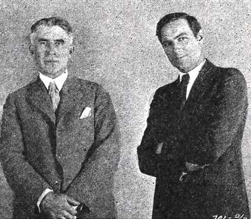Still from the American western film The Thundering Herd (1925) with author Zane Grey and screenwriter Lucien Hubbard, o