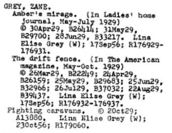 Extract from the the Catalog of Copyright Entries showing renewals for Amber's Mirage, The Drift Fence and Fighting Cara