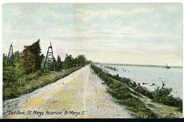 Historical postcard of the east bank of the St. Marys reservoir (Grand Lake St. Marys) at St. Marys, Ohio