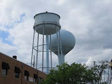 The two municipal water towers in St. Clairsville, Ohio, which draws from the Main and Provident Reservoirs.