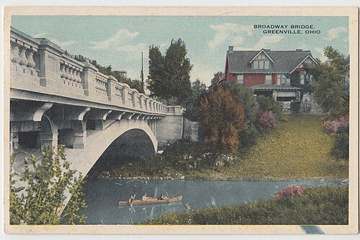 Postcard of the Broadway Bridge over Greenville Creek in Greenville, Ohio, circa 1920