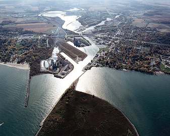Aerial view of the harbor at Huron, Ohio on Lake Erie, where the city's water intake area is located