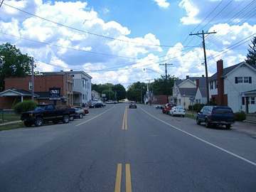Looking east on Ohio Highway 180 in Adelphi, Ohio, the town served by Laurelville Village