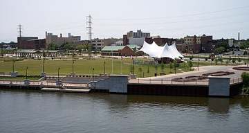 The Black River running through downtown Lorain, Ohio, near where it meets Lake Erie