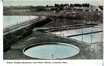Historic postcard of the Fostoria, Ohio waterworks, reservoir, and filter basins
