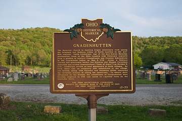 Ohio historical marker for Gnadenhutten, Tuscarawas County
